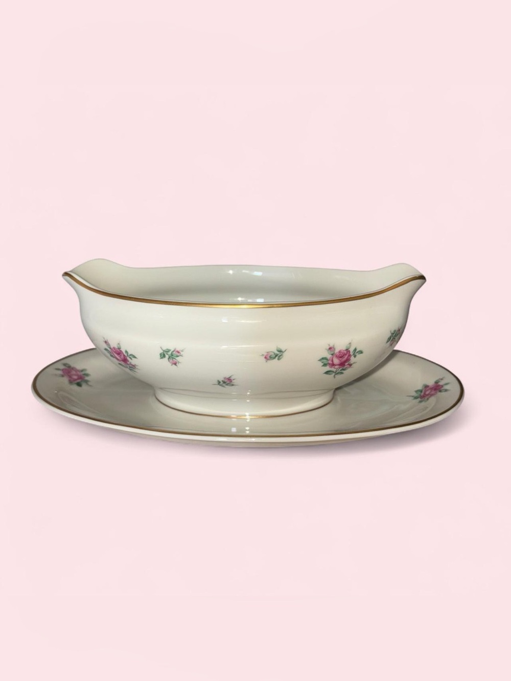 vtg MCM “rambler rose” royal jackson porcelain china gravy boat with plate, EUC!